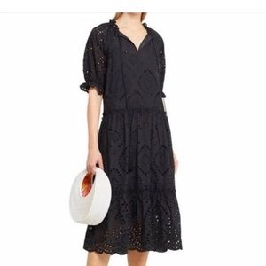 O.p.t. Black Cotton Eyelet Embroidered Midi Dress Tiered Size S
